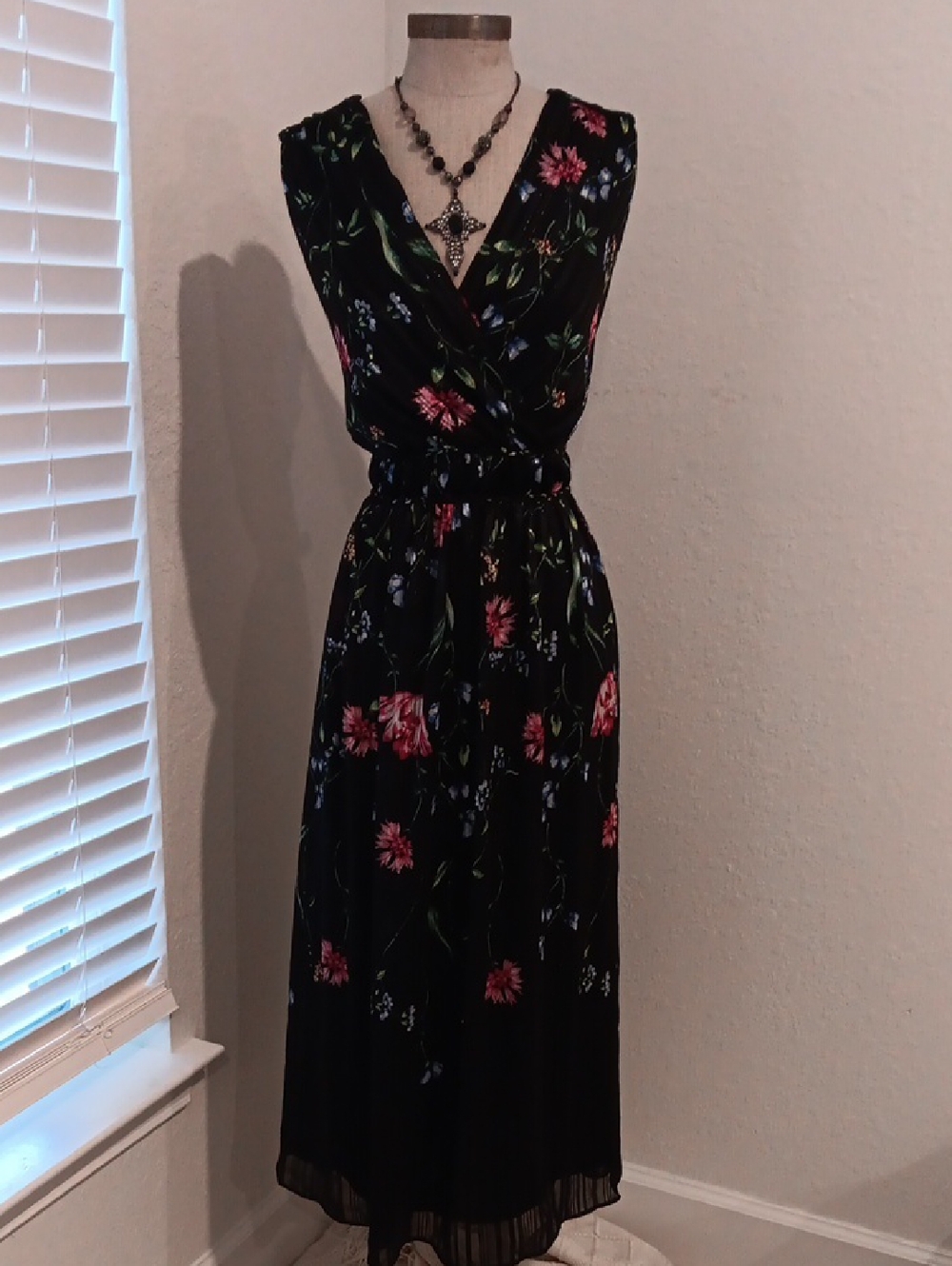 White House Black Market Black Floral Maxi Dress with Pink & Green Accents